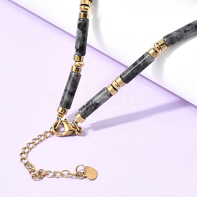Natural Larvikite & Synthetic Non-magnetic Hematite Column Beaded Necklaces with 304 Stainless Steel End Chains NJEW-K301-01C-1