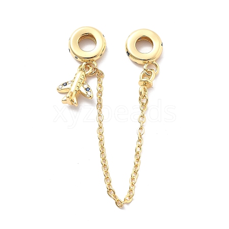 Rack Plating Brass Cubic Zirconia European Beads with Safety Chains and Plane Charms KK-Q017-27G-1