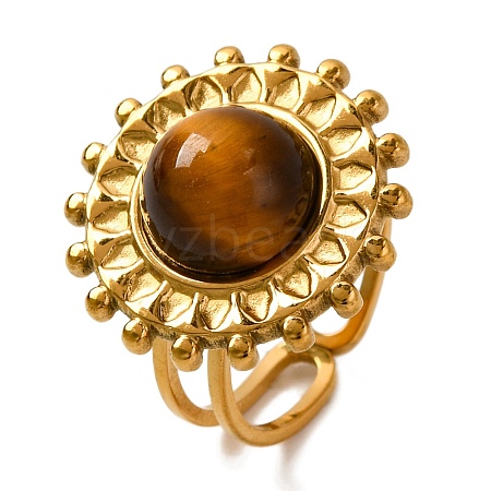 Round Natural Tiger Eye Finger Rings RJEW-Q822-16G-01-1