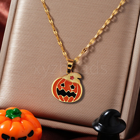 Halloween Witch Hat Pumpkin Stainless Steel Enamel Pendant Dapped Chain Necklaces DD5893-1