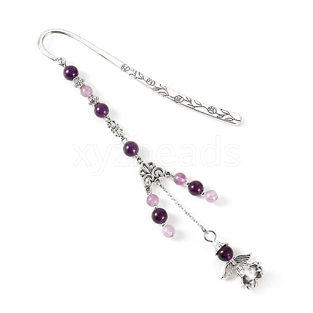 Natural Amethyst Round Beads & Alloy Angel Bookmarks AJEW-TA00053-1