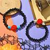 2Pcs 2 Colors Halloween Theme 8.5mm Round Synthetic Black Stone Beaded Stretch Bracelet Sets BJEW-JB10882-1