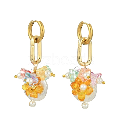 Natural Nucleated Baroque Keshi Pearl & Brass & 202 Stainless Steel & Glass Hoop Dangle Earrings EJEW-JE07262-1