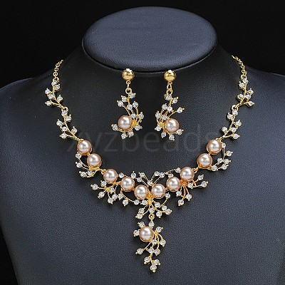 Flower Alloy & Plastic Pearl & Crystal Rhinestone Pendant Necklaces & Stud Dangle Earrings Sets FS-WG18295-02-1