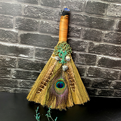 Straw Witch Altar Broom Display Decoration with Raw Natural Labradorite Chips WG15595-05-1