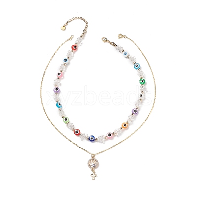 2Pcs 2 Style Natural Quartz Crystal Chips & Resin Evil Eye Beaded Necklaces Set NJEW-JN04027-1