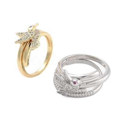 Brass Micro Pave Cubic Zirconia Bird Open Cuff Rings Set for Women RJEW-U002-11G-1