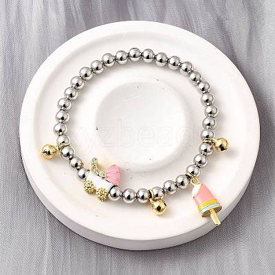 Brass Enamel Round Beads Charm Bracelets for Women BJEW-D317-11PG-1