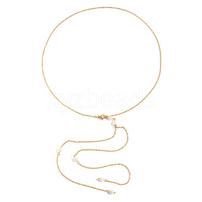 304 Stainless Steel and Natural Freshwater Pearl Tassel Y-shaped Lariat Necklaces for Women OF8673-1