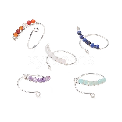 Natural Mixed Gemstone Round Beaded Open Cuff Rings RJEW-JR00566-1