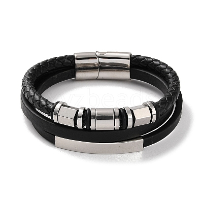 Men's Braided Black PU Leather Cord Multi-Strand Bracelets BJEW-K243-15P-1