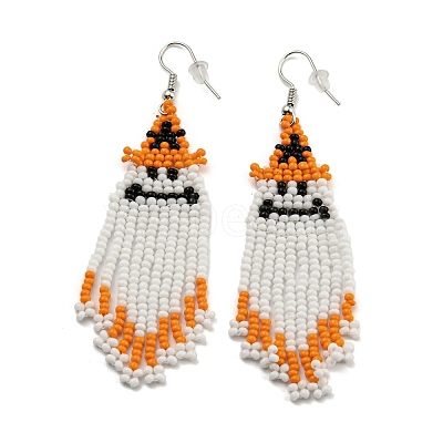 Boho Seed Bead Halloween Ghost with Hat Tassel Earrings EJEW-Q380-04C-1