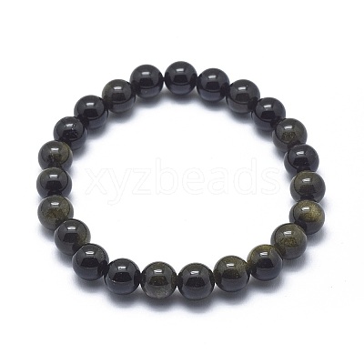 Natural Golden Sheen Obsidian Bead Stretch Bracelets BJEW-K212-A-020-1