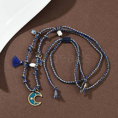 304 Stainless Steel Blue Enamel Moon Pendant Cotton Cord Adjustable Necklaces NJEW-C093-04G-1