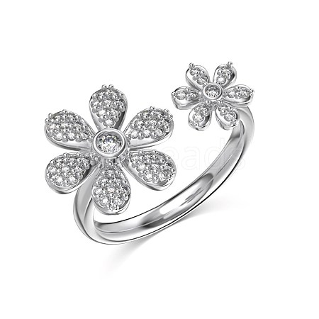 Flower Rhodium Plated 925 Sterling Silver Micro Pave Clear Cubic Zirconia Open Cuff Rings for Women RJEW-Q816-04P-1