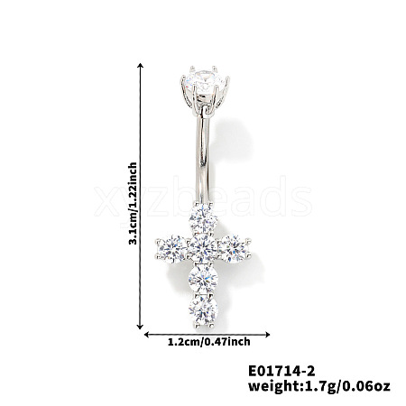 Elegant and Stylish Cross Brass Rhinestone Belly Rings Curved Barbell UZ1894-2-1