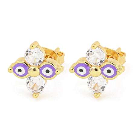 Flower with Evil Eye Real 18K Gold Plated Brass Stud Earrings EJEW-L269-101G-03-1