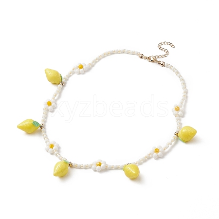 Resin Lemon Pendant Necklace with Glass Beaded Flower Chains for Women NJEW-TA00057-1
