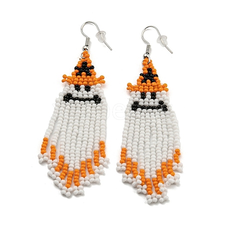 Boho Seed Bead Halloween Ghost with Hat Tassel Earrings EJEW-Q380-04C-1