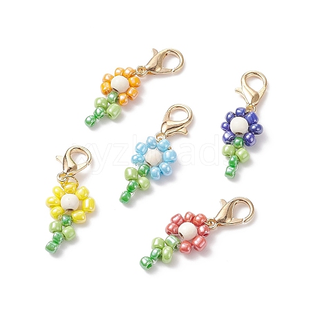 20Pcs 5 Colors Synthetic Turquoise & Glass Seed Beaded Flower Pendant Decoration HJEW-JM00729-S-01-1