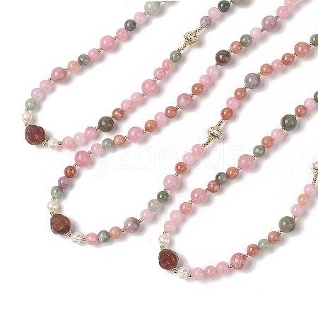 Natural Agate & Pearl &  Natural Rose Quartz Beaded Necklaces NJEW-L119-08G-1