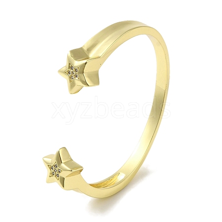 Rack Plating Brass Micro Pave Clear Cubic Zirconia Star Open Cuff Bangles for Women BJEW-P323-05G-1