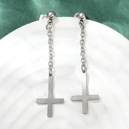 Christian Upside Down Cross 201 Stainless Steel Dangle Stud Earrings LS-EJEW-P314-01B-P-1