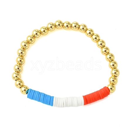 Independence Day 6mm Round Brass & Handmade Polymer Clay Beaded Stretch Bracelets for Women BJEW-JB10590-1