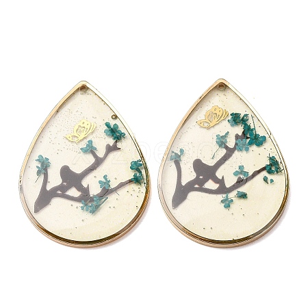 Brass & Transparent Epoxy Resin & Dried Flower Pendants RESI-G133-03G-01-1
