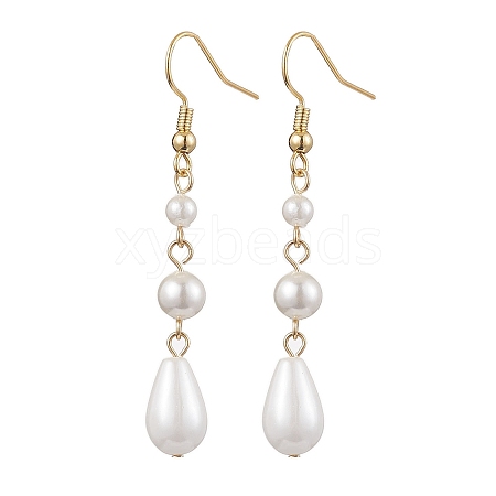 Teardrop Shell Pearl & Brass Dangle Earrings for Women EJEW-TA00513-1