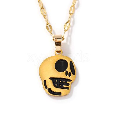Stylish Halloween Skull 304 Stainless Steel Black Enamel Pendant Dapped Chain Necklaces IJ5988-1