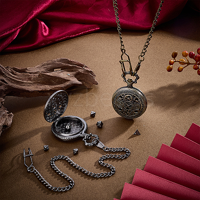 Vintage Alloy Flat Round Hollow Pocket Watch with Brass Curb Chain AJEW-PH0007-68AB-1