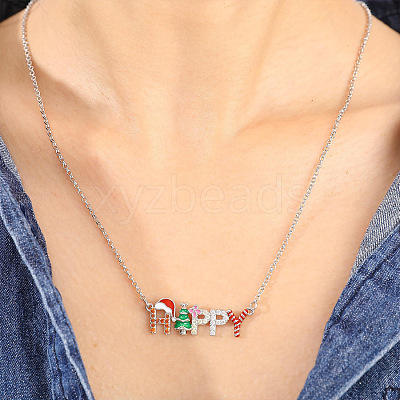 Alloy Enamel with Hyacinth Rhinestone Christmas Tree Word Happy Pendant Necklaces for Women FS-WG84419-01-1