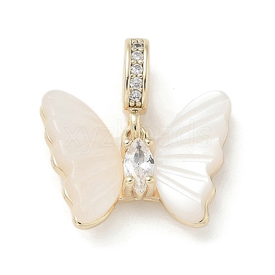 Brass Pave White Shell Butterfly European Dangle Charms KK-M308-13G-1