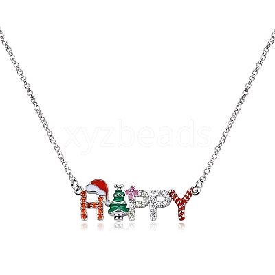 Alloy Enamel with Hyacinth Rhinestone Christmas Tree Word Happy Pendant Necklaces for Women FS-WG84419-01-1