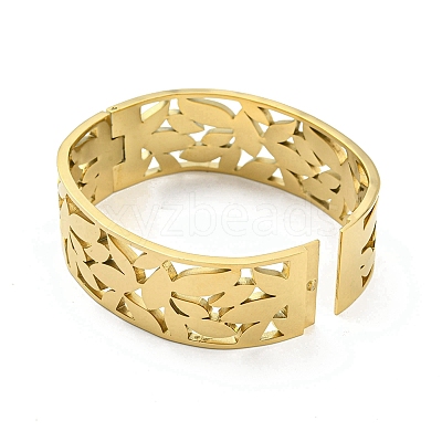304 Stainless Steel Pave Crystal Rhinestone Hollow Out Leaf Hinged Bangles for Women BJEW-D044-03B-G-1