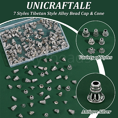 210Pcs 7 Styles Tibetan Style Alloy Bead Cap & Cone FIND-UN0015-64-1