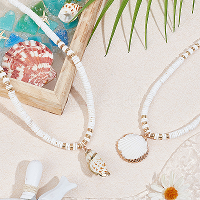 2Pcs 2 Style Natural Shell Pendant Necklaces Set with Disc Beaded Chains for Women NJEW-AN0001-75-1