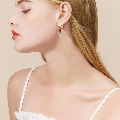 Clear Cubic Zirconia Bowknot Dangle Stud Earrings with Imitation Pearl Beaded JE1094A-1