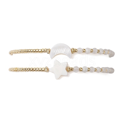 2Pcs 2 Styles Moon & Star Freshwater Shell & Natural Rainbow Moonstone Braided Bead Bracelet Sets BJEW-JB10531-1