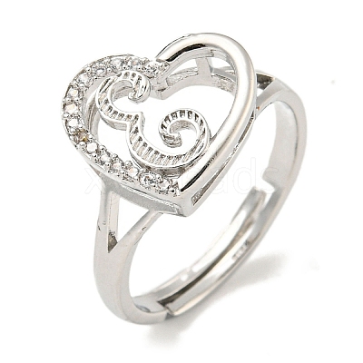 Heart with Letter Rack Plating Brass Micro Pave Cubic Zirconia Adjustable Rings for Women RJEW-I105-06P-E-1