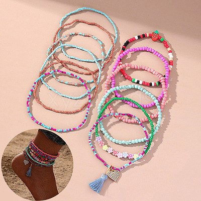 Bohemian Resin & Glass Seed Beaded Stretch Multi-Layered Anklet Sets WG187EB-01-1