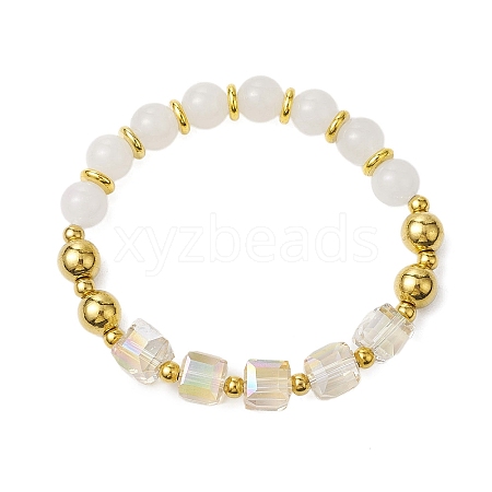 Round Natural White Jade & Cube Glass Beaded Stretch Bracelets for Women BJEW-JB11052-1