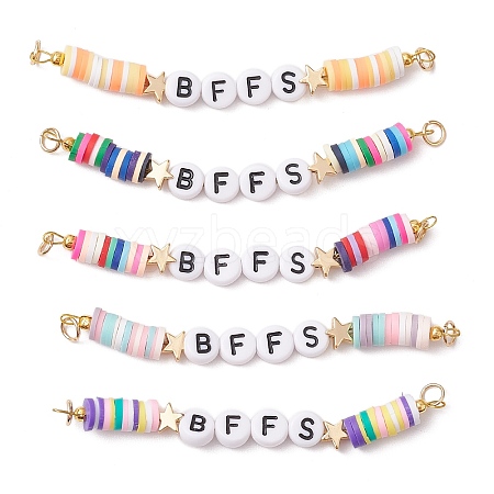 5Pcs 5 Colors Handmade Polymer Clay & Acrylic BFFS Friendship Heishi Links Connector Charms PALLOY-JF03351-1