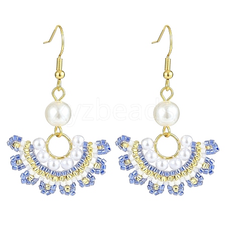 Glass Beaded Fan with Imitation Pearl Dangle Earrings EJEW-MZ00067-01-1