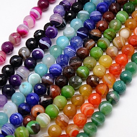 Faceted Round Dyed Natural Striped Agate/Banded Agate Beads Strands G-G581-12mm-M-1