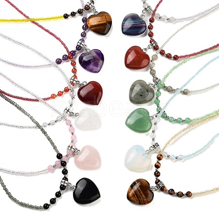 Natural & Synthetic Mixed Gemstone Heart Pendant Necklaces NJEW-G143-02-1