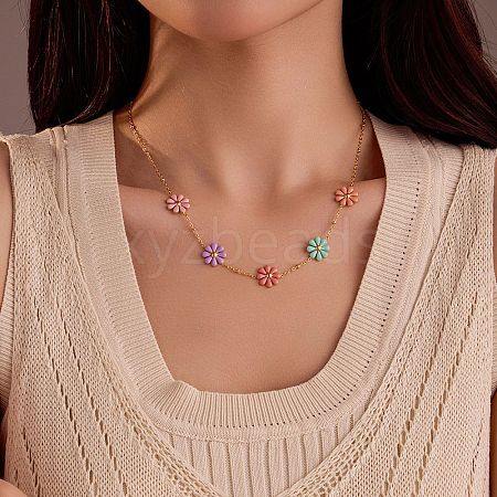 304 Stainless Seel Enamel Daisy Flower Link Chain Necklaces for Women NJEW-D303-01G-1