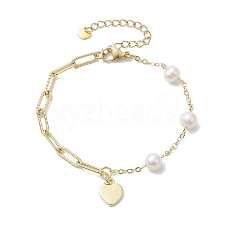 Natural Cultured Freshwater Pearl Beads Paperclip Chains Heart Charm Bracelets with Lobster Claw Clasps for Women BJEW-JB10192-1