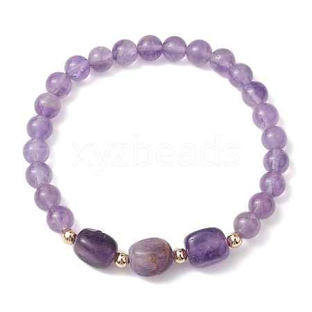 Natural Amethyst Cube & Round Beaded Stretch Bracelets BJEW-JB10807-05-1